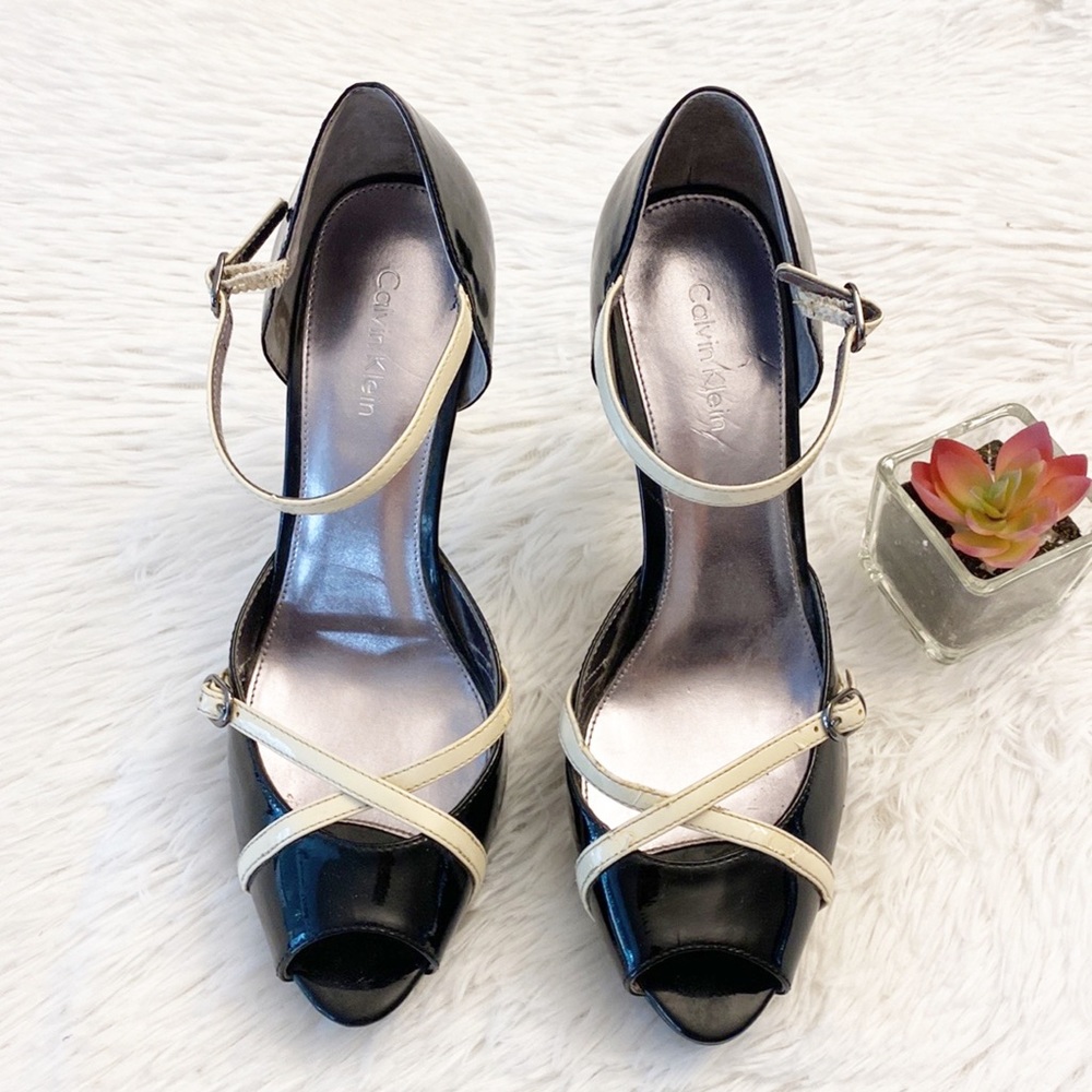 CALVIN KLEIN Helio Black white patent leather platform heel stiletto women 6 - Picture 3 of 8